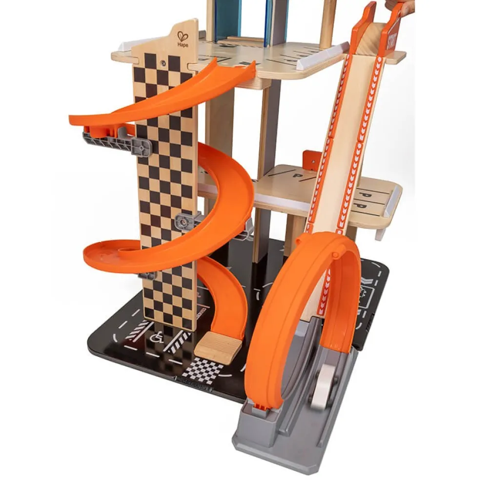 EUREKAKIDS Garaje de madera para coches de carreras