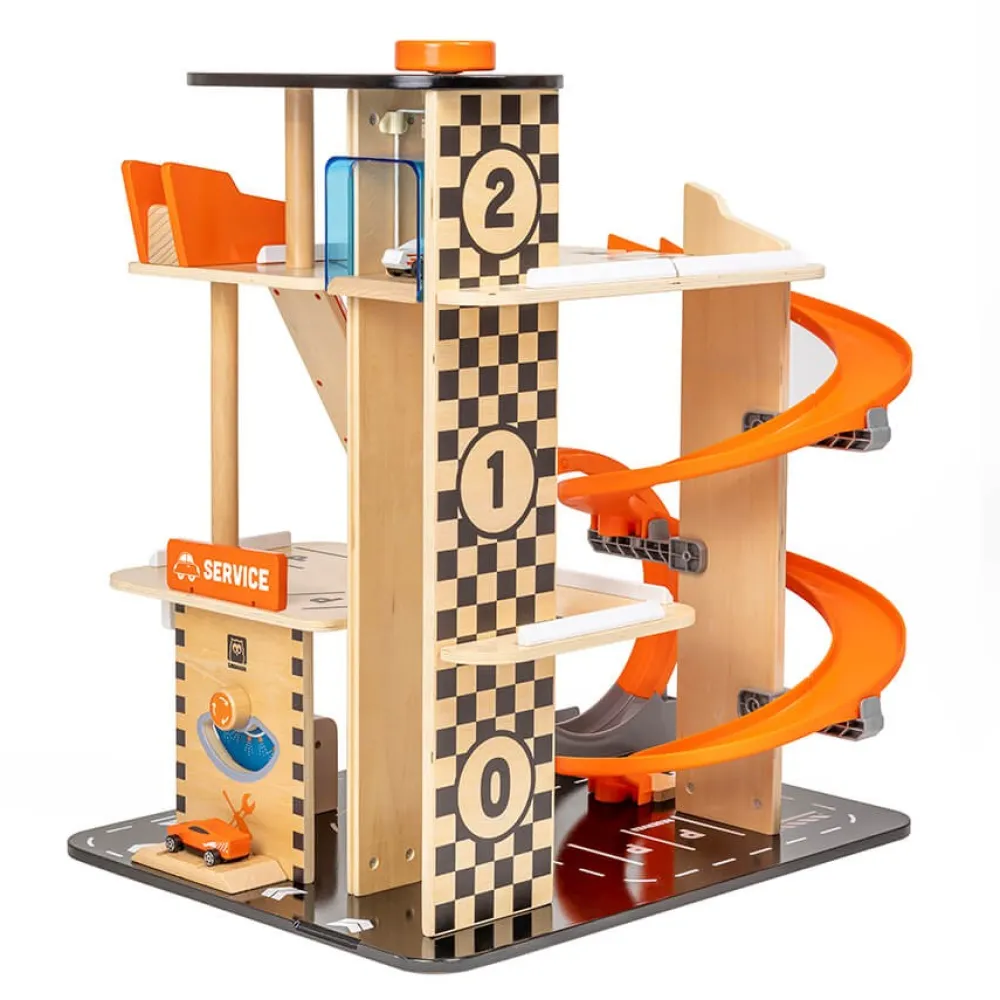 EUREKAKIDS Garaje de madera para coches de carreras