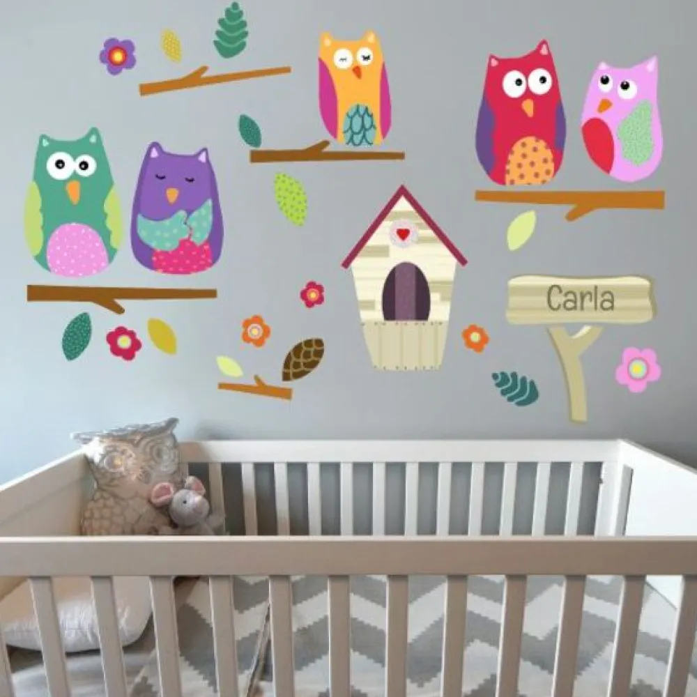 EUREKAKIDS STK Vinilo búhos en ramas y nido personalizable