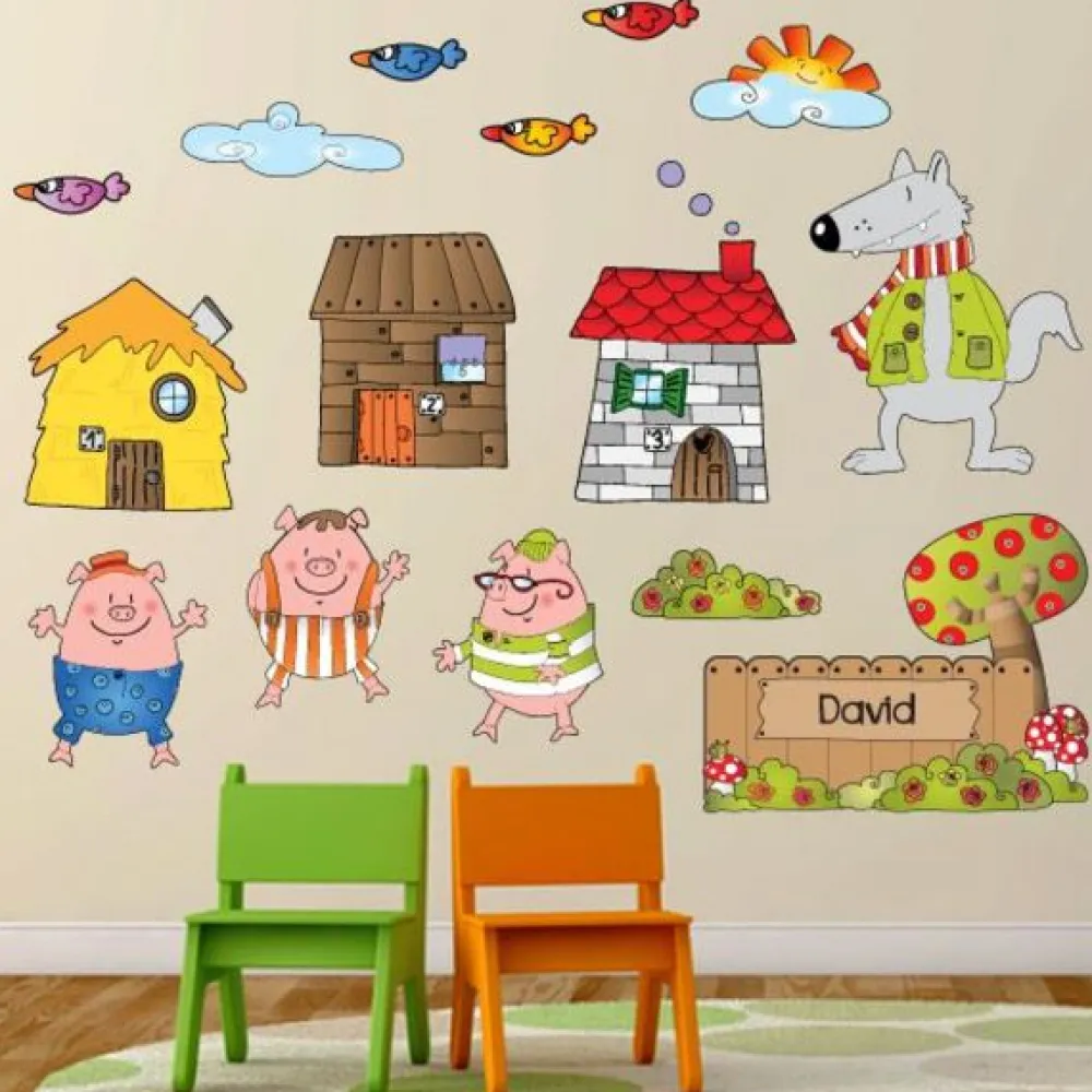 EUREKAKIDS STK Vinilo infantil tres cerditos y lobo personalizable